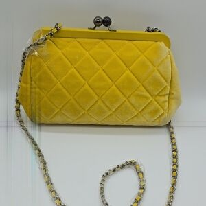 CHANEL Velvet Yellow Quilted kiss lock Clutch with Chain